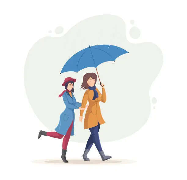 Vector illustration of Two girls walking with umbrella at rainy day
