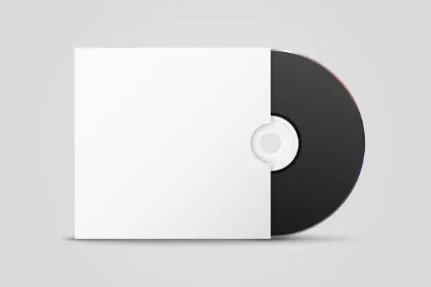 Vector illustration of Vector 3d Realistic Black CD, DVD with Paper Cover, Envelope, Case Isolated. CD Box, Packaging Design Template for Mockup. Compact Disk Icon, Front View