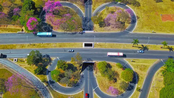 An aerial view of roundabout circulation in Brasilia, Brazil