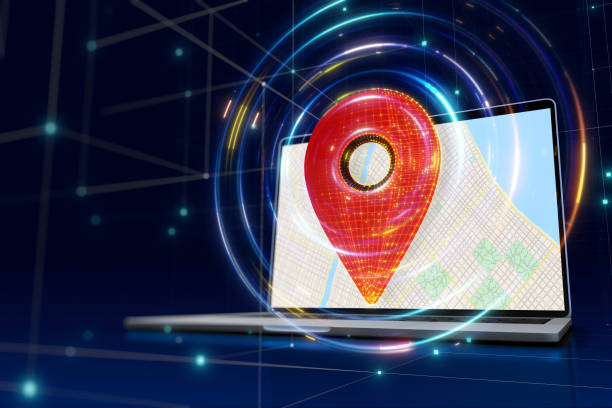 istock Laptop with Digital Map and Location Point 1455947989