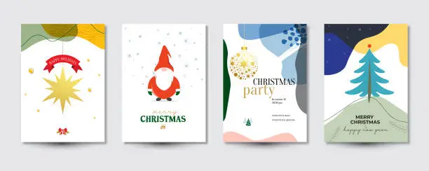 Vector illustration of Merry Christmas greeting cards flat design templates with ornate floral frame and geometric shapes