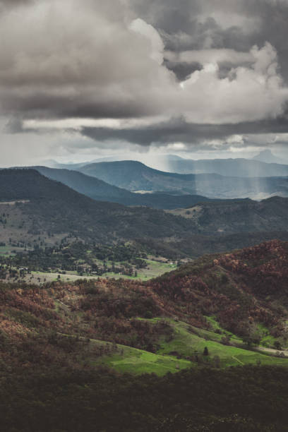 istock Scenic view of hills under rain and cloudy sky 1455949226