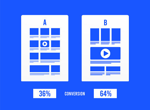 AB testing concept illustration. Split test conversion comparison. A-B websites with a different web development UI interface on the screen and conversion percent. Flat vector illustration.