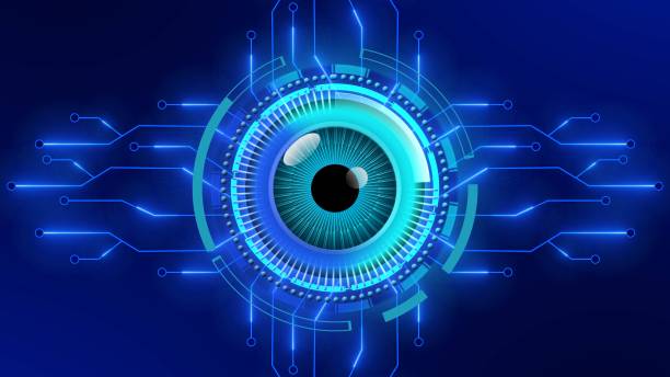 istock Electronic eye in HUD circle element between information connecting lines - futuristic digital circuit background 1455950690