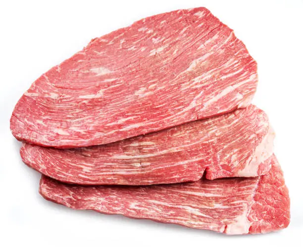 Raw beef steaks isolated on white background. Closeup.