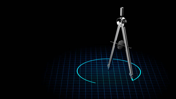 boussole de dessin et de dessin avec ligne bleue en forme de cercle. outil de travail d’ingénierie. illustration 3d sur fond noir. - engineering drafting plan drawing photos et images de collection