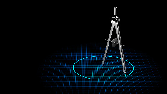 Drafting and drawing compass with blue line in circle form. Engineering work tool. 3d illustration on the black background.