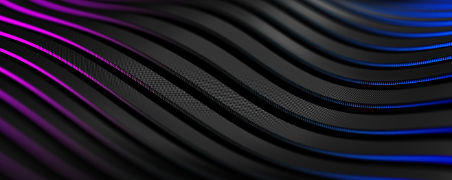 Black carbon fiber motion background. Technology wavy line with neon glowing light 3d illustration.