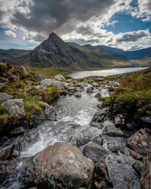 A vertical shot of a river in Tryfan, Afon Lloer and the Ogwen Valley, Snowdonia, Wales UK