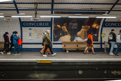 Paris, France - December 29, 2022: Concorde metro station in Paris - platform interior