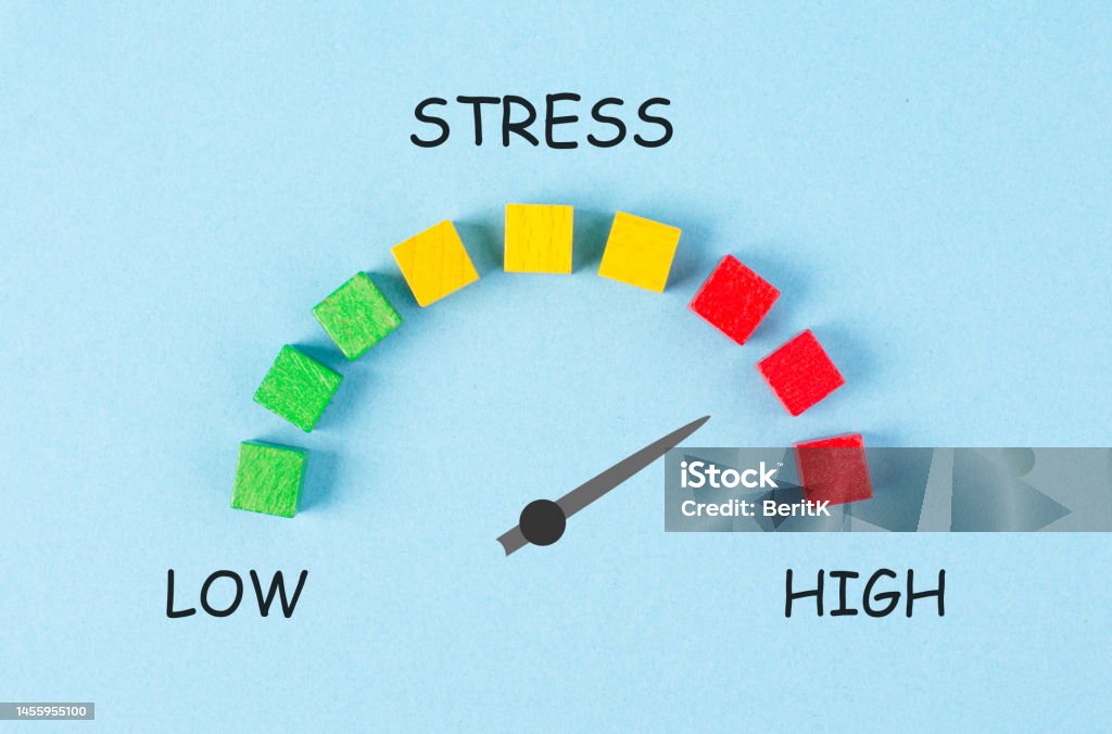 Stress loading bar, burnout syndrome and exhaustion, work life balance, low energy, high pressure, arrow point to critical scale Emotional Stress Stock Photo