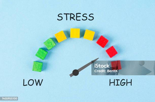 Stress Loading Bar Burnout Syndrome And Exhaustion Work Life Balance Low Energy High Pressure Arrow Point To Critical Scale Stock Photo - Download Image Now