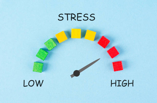 stress loading bar, burnout syndrome and exhaustion, work life balance, low energy, high pressure, arrow point to critical scale - compressed imagens e fotografias de stock