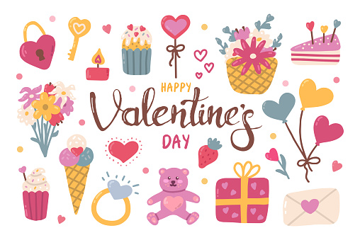 Happy Valentines Day set. Cute romantic elements with lettering. Vector illustration in hand drawn style on white background.