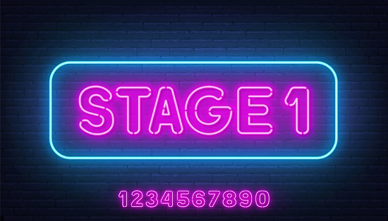 Stage 1 neon sign on brick wall background .Template with glowing numbers