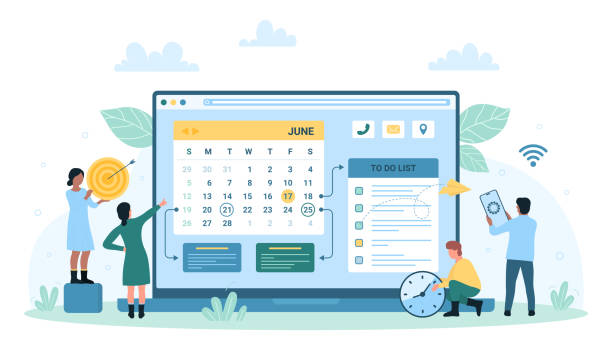 Effective time management, tiny people work with settings of calendar app and to do list Effective time management vector illustration. Cartoon tiny people work with settings of calendar app and to do list on laptop screen, managers plan corporate meetings, business training events employee month stock illustrations