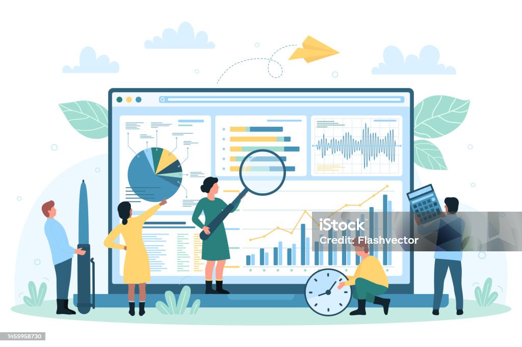 Monitoreo y análisis de datos en el escritorio, personas diminutas con lupa gráfico de investigación - arte vectorial de Datos libre de derechos Monitoreo y análisis de datos en el escritorio, personas diminutas con lupa gráfico de investigación - arte vectorial de Datos libre de derechos