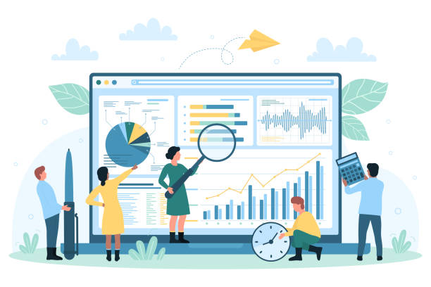 ilustraciones, imágenes clip art, dibujos animados e iconos de stock de monitoreo y análisis de datos en el escritorio, personas diminutas con lupa gráfico de investigación - performance chart optimization boost