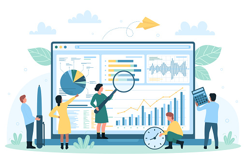 Data monitoring and analysis on desktop vector illustration. Cartoon tiny people with magnifying glass research graphs, charts and diagram on laptop screen, monitor financial report growth for trade