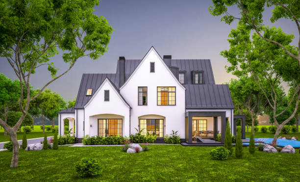 istock 3d rendering of white and black modern Tudor house in evening 1455958738