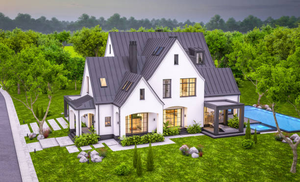 istock 3d rendering of white and black modern Tudor house in evening 1455958739
