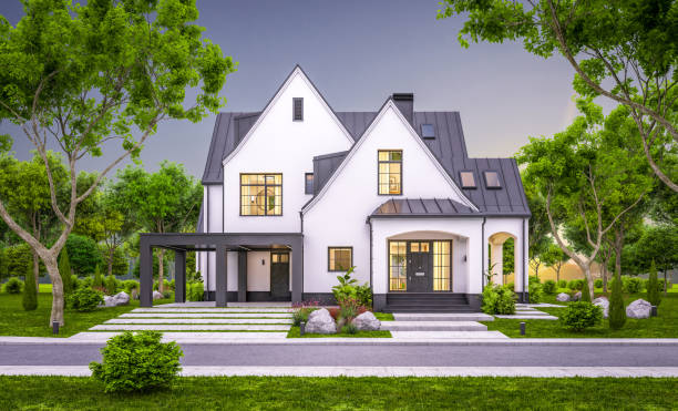istock 3d rendering of white and black modern Tudor house in evening 1455958743