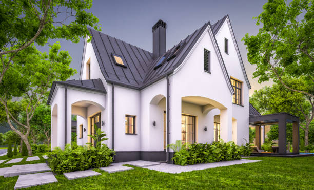 istock 3d rendering of white and black modern Tudor house in evening 1455958761