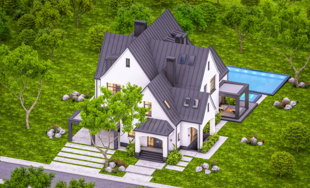 istock 3d rendering of white and black modern Tudor house in evening 1455958764