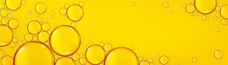 Background with oil drops texture, yellow omega bubbles, gold liquid transparent droplets. Template for skincare essential product with dribs of different shapes Realistic 3d vector honey, syrup blobs