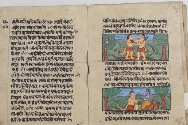 Scenes from the Ramayana JAIPUR, INDIA - OCT 11, 2017 - Scenes from the Ramayana in antique manuscript, Jaipur, Rajasthan, India ramayana stock pictures, royalty-free photos & images