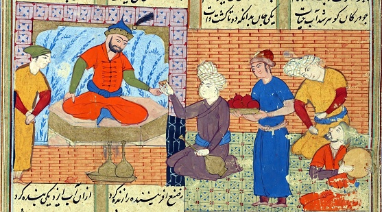 Zal (with a black beard) celebrates the birth of a son. Persian miniature from the Shahnamah