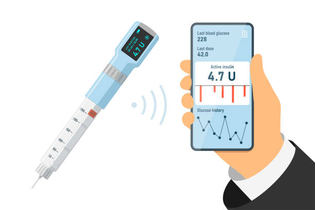 illustrations, cliparts, dessins animés et icônes de application mobile d’autosoins pour la mesure de la glycémie diabétique avec stylo injecteur d’insuline numérique sans fil. contrôle en ligne du sucre diabétique et concept d’application d’injection d’hormones. traitement de surveillance dia - insulin diabetes pen injecting