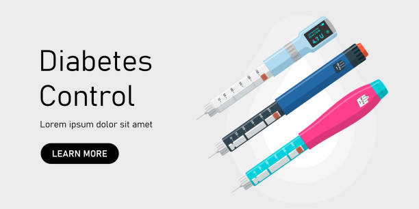 Insulin injection pen set on website banner. Hormone syringes poster. Diabetes control injector landing page. Medical devices for diabetic patients. Medicine shot for high blood sugar people. Eps Insulin injection pen set on website banner. Hormone syringes poster. Diabetes control injector landing page. Medical devices for diabetic patients. Medicine shot for high blood sugar people. Vector hormone therapy stock illustrations