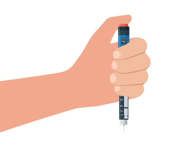 ilustrações de stock, clip art, desenhos animados e ícones de diabetic patient hand hold insulin injection pen. hormone ampoule inside syringe. diabetes control injector. medical device for diabet. medicine shot for high blood glucose people. eps illustration - injecting