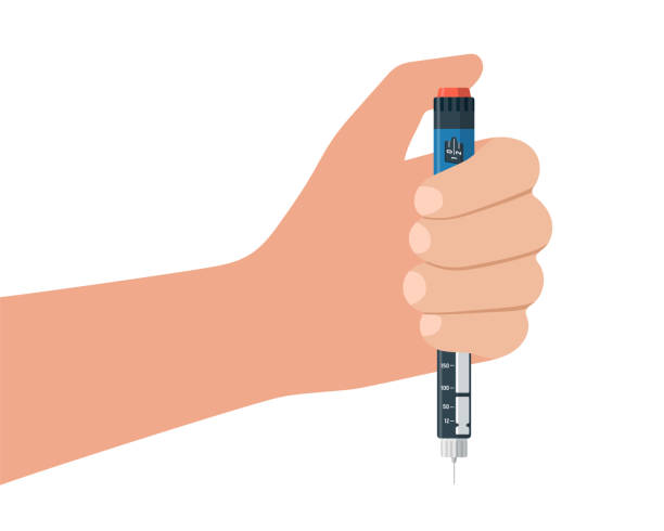 Diabetic patient hand hold insulin injection pen. Hormone ampoule inside syringe. Diabetes control injector. Medical device for diabet. Medicine shot for high blood glucose people. Eps illustration Diabetic patient hand hold insulin injection pen. Hormone ampoule inside syringe. Diabetes control injector. Medical device for diabet. Medicine shot for high blood glucose people. Vector illustration hormone therapy stock illustrations