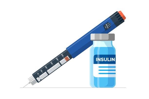 Insulin injection pen and vial. Hormone ampoule inside syringe and medicine bottle. Diabetes control injector. Device for diabetic patients. Medical shot for high blood glucose people. Vector Insulin injection pen and vial. Hormone ampoule inside syringe and medicine bottle. Diabetes control injector. Device for diabetic patients. Medical shot for high blood glucose people. Vector eps hormone therapy stock illustrations