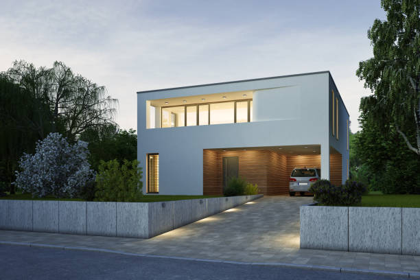 istock Modern cubic house in the evening 1455960457