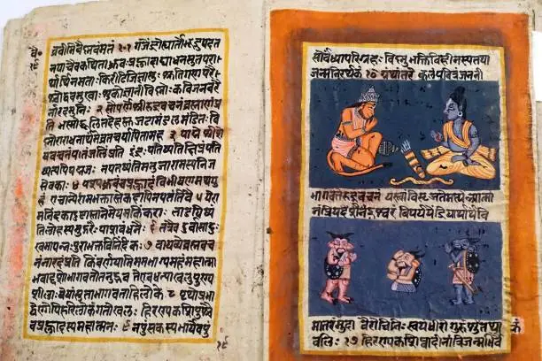JAIPUR, INDIA - OCT 11, 2017 - Scenes from the Ramayana in antique manuscript,  Jaipur, Rajasthan, India