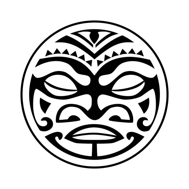 ilustraciones, imágenes clip art, dibujos animados e iconos de stock de diseño de tatuajes. máscara de estilo polinesio. vector de tatuaje redondo aislado. - pattern maori tattoo indigenous culture