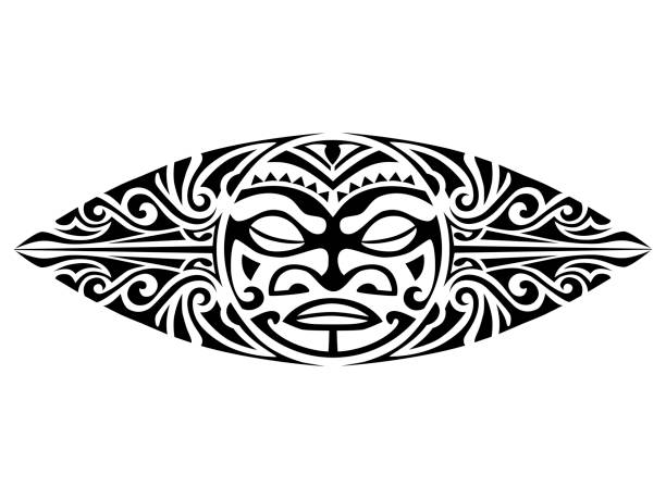 illustrazioni stock, clip art, cartoni animati e icone di tendenza di stile polinesiano disegno del tatuaggio con maschera. vettore del tatuaggio rotondo isolato. - tatuaggi maori