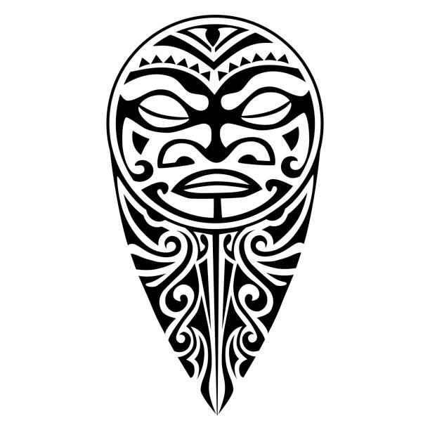 illustrazioni stock, clip art, cartoni animati e icone di tendenza di stile polinesiano disegno del tatuaggio con maschera. modello di tatuaggio in stile tribale maori adatto per una gamba. - tatuaggi maori
