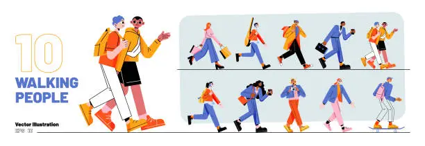 Vector illustration of Set of walking people, diverse pedestrians walk