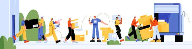 Vector illustration of Moving service workers help at home relocation