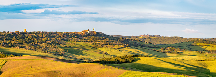 Sunny panoramic view of Pienza in Tuscany - Siena Provance, Val d'Orcia, Italy