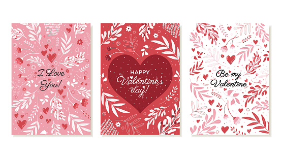 Set of romantic Valentines Day cards. February 14, holiday greeting card, poster with I love you with flowers, vegetation and hearts. Vector illustration.