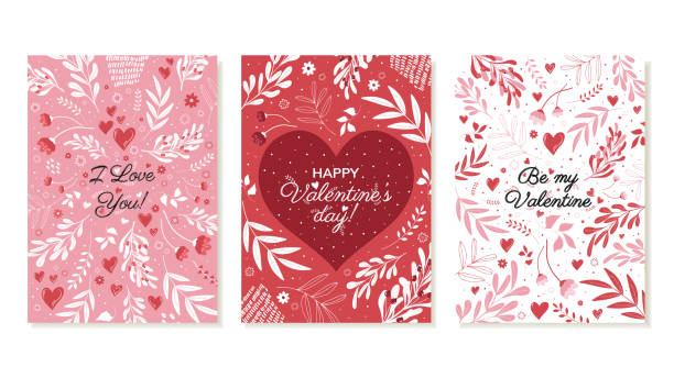 Set of romantic Valentines Day cards. February 14, holiday greeting card, poster with I love you with flowers, vegetation and hearts. Vector illustration. Set of romantic Valentines Day cards. February 14, holiday greeting card, poster with I love you with flowers, vegetation and hearts. Vector illustration. i love you stock illustrations