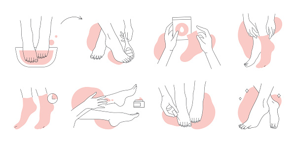 Foot care set of line icons vector illustration. Hand drawn outline female feet in bath with water, spa treatment in beauty salon and massage with cream, pedicure, moisturizing and peeling socks