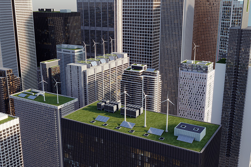 Cityscape includes sustainable buildings with solar panels, wind turbines and green roofs. (3d render)