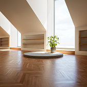 istock podium living room with big window, wood floor, stair at the daylight. 1455965060