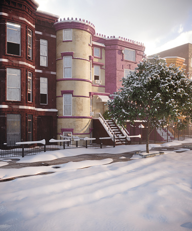 Dwelling exterior scene with multi colored row houses in winter. (3d render)